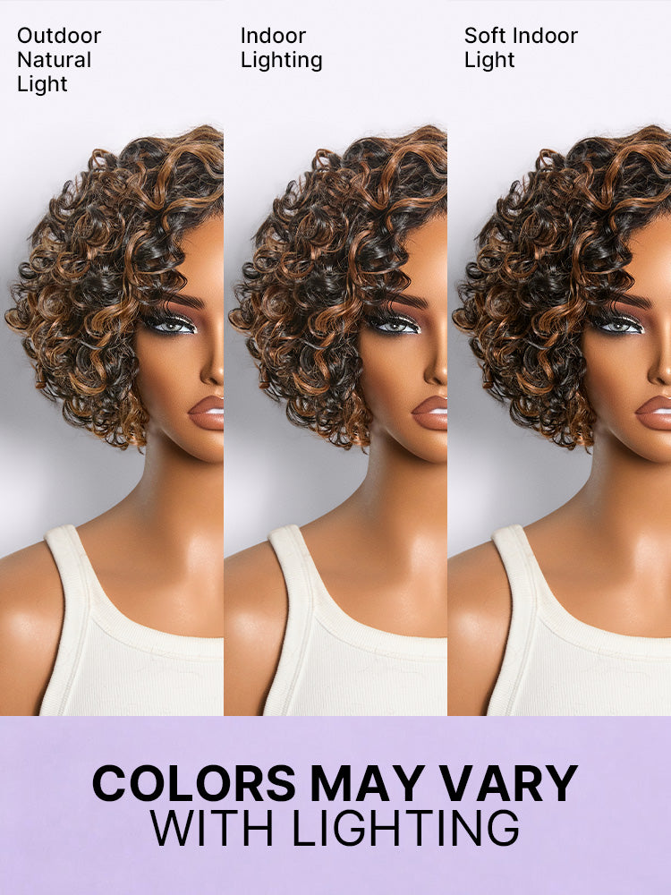 Brown Highlight Water Wave Pixie Cut Glueless Minimalist HD Lace Short Curly Wig-43