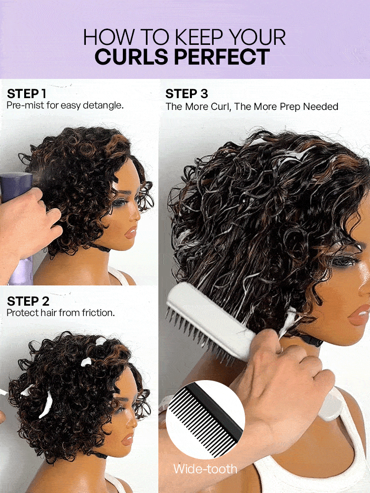 Brown Highlight Water Wave Pixie Cut Glueless Minimalist HD Lace Short Curly Wig-38