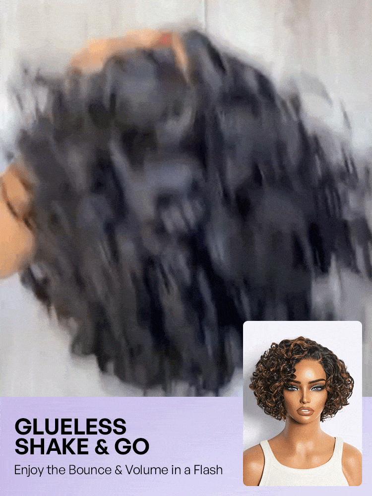 Brown Highlight Water Wave Pixie Cut Glueless Minimalist HD Lace Short Curly Wig-35
