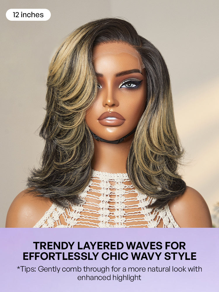Honey Blonde Highlight Layered Cut Glueless Wig Minimalist HD Lace Human Hair Wig-20