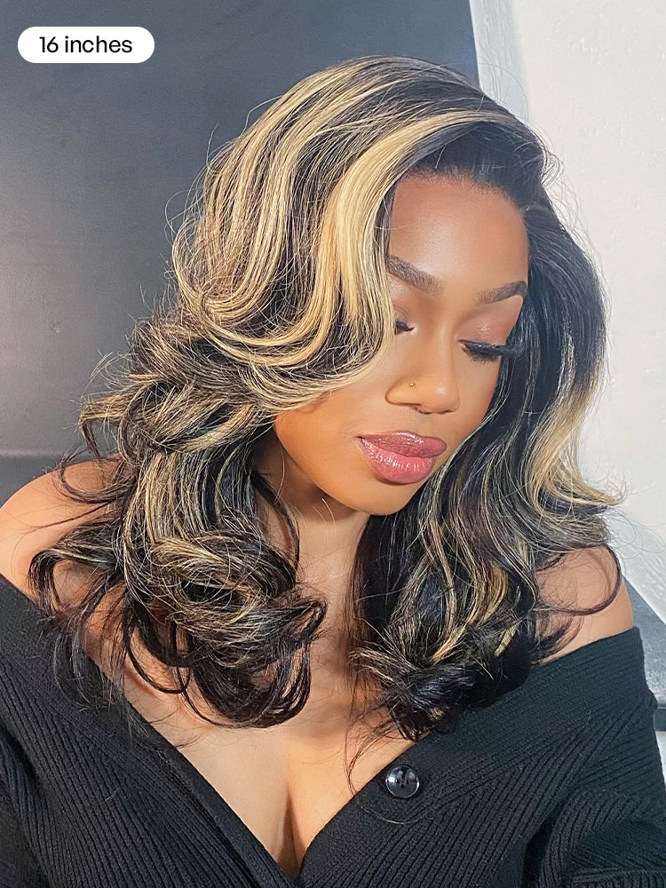 Honey Blonde Highlight Layered Cut Glueless Wig Minimalist HD Lace Human Hair Wig-18