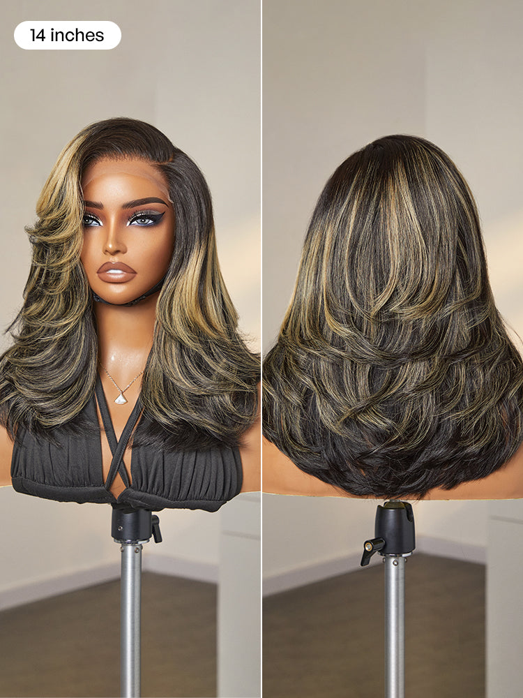 Honey Blonde Highlight Layered Cut Glueless Wig Minimalist HD Lace Human Hair Wig-21