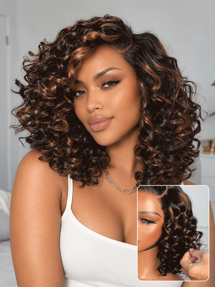 Effortless Elegance Copper Highlight / Natural Black Bouncy Curl Wig Minimalist HD Lace Glueless Wig Pre-Cut Lace-36