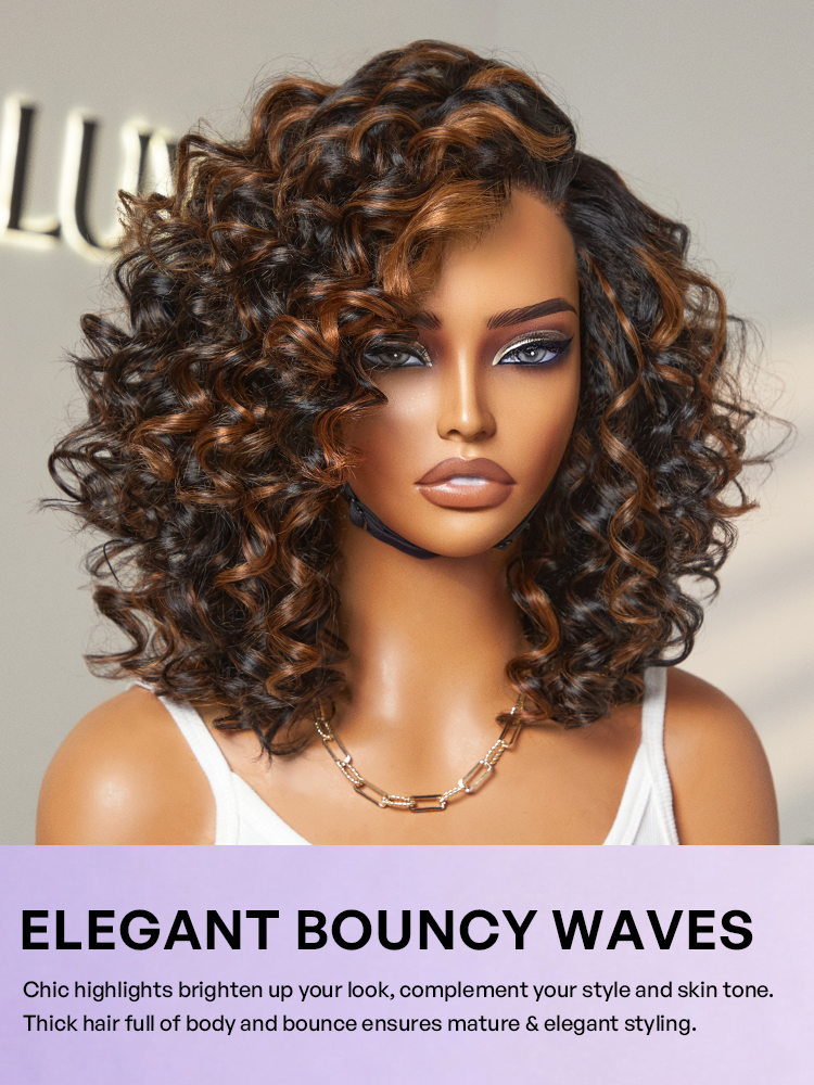 Effortless Elegance Copper Highlight / Natural Black Bouncy Curl Wig Minimalist HD Lace Glueless Wig Pre-Cut Lace-42