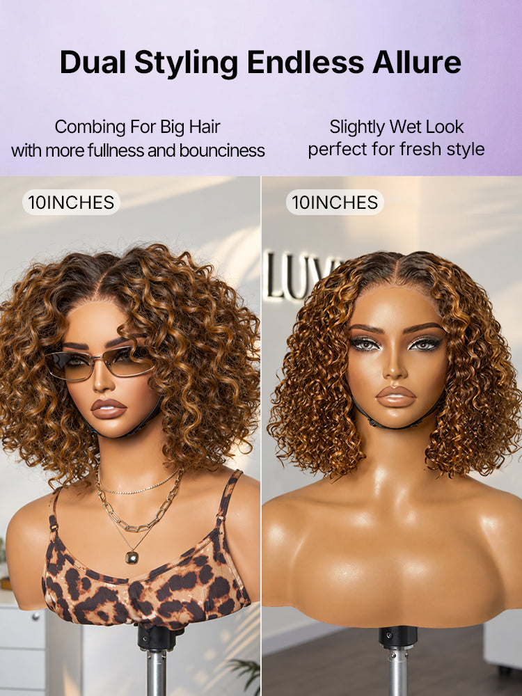 Warm Caramel Brown / Natural Black Deep Curly Glueless 5x5 Closure Pre-Cut Lace Wig-43