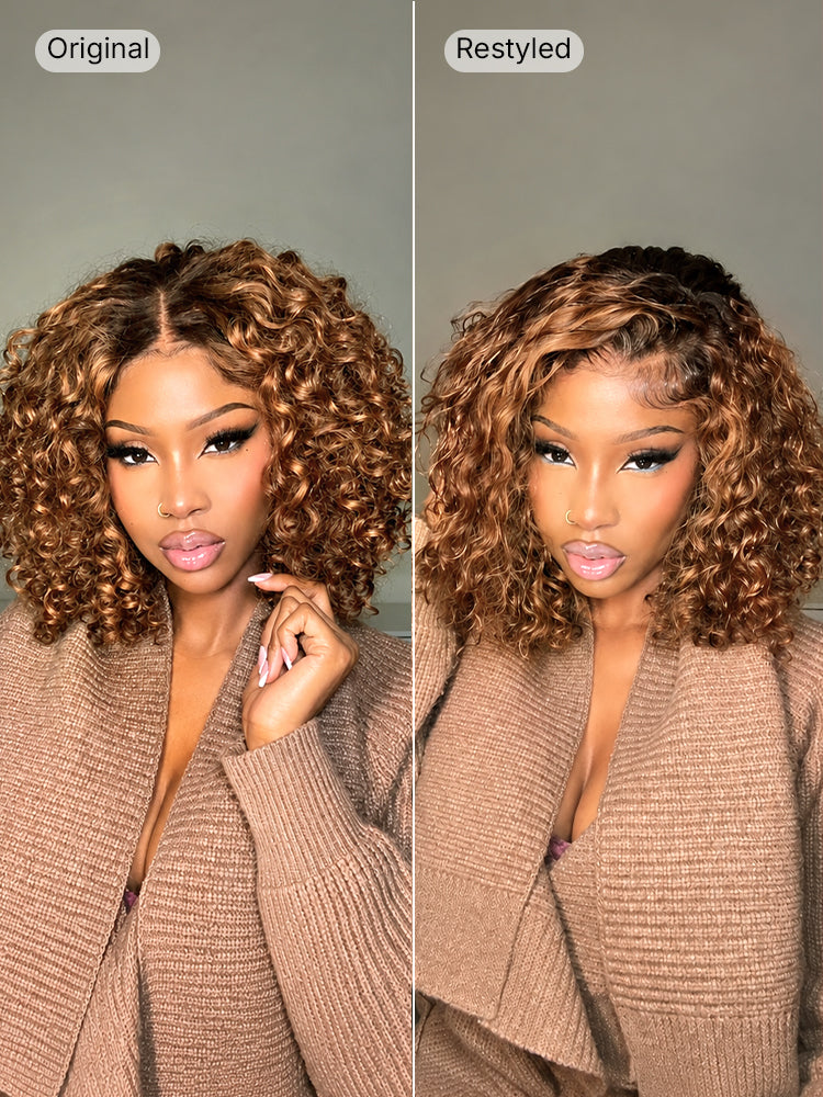 Warm Caramel Brown / Natural Black Deep Curly Glueless 5x5 Closure Pre-Cut Lace Wig-38