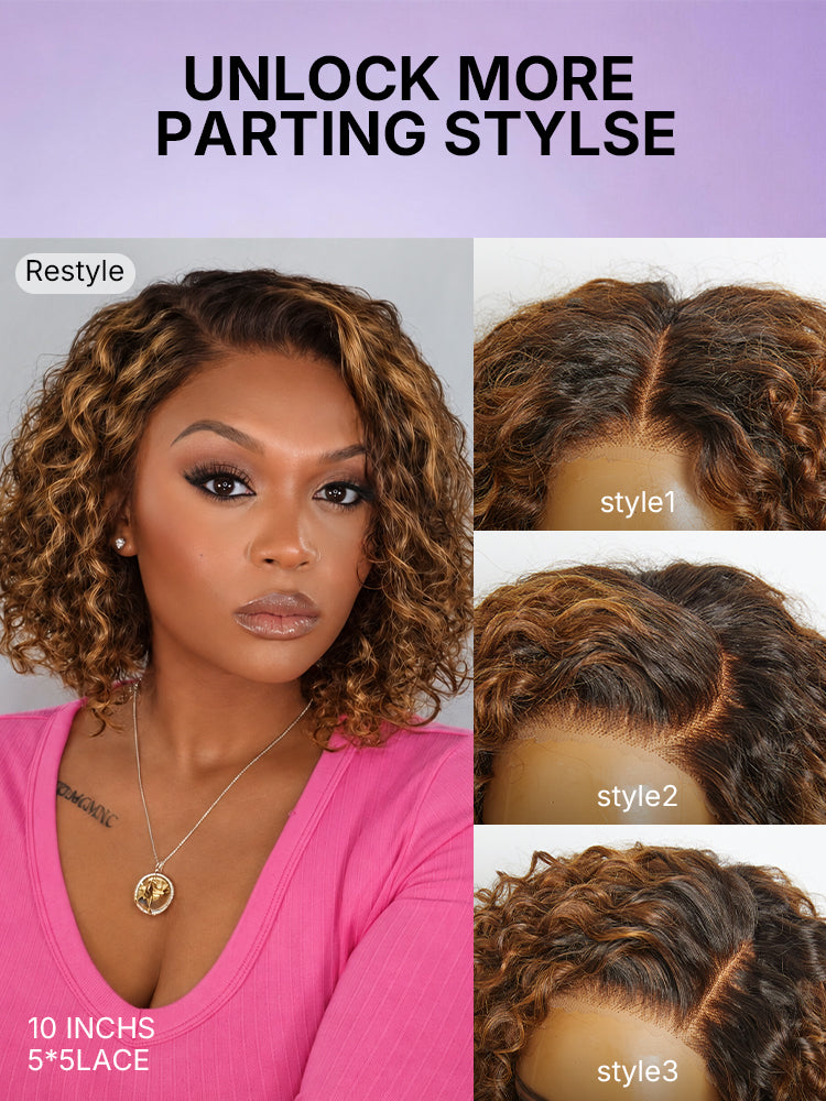 Warm Caramel Brown / Natural Black Deep Curly Glueless 5x5 Closure Pre-Cut Lace Wig-37