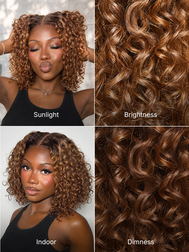 Warm Caramel Brown / Natural Black Deep Curly Glueless 5x5 Closure Pre-Cut Lace Wig-39