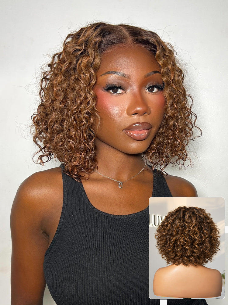 Warm Caramel Brown / Natural Black Deep Curly Glueless 5x5 Closure Pre-Cut Lace Wig-36