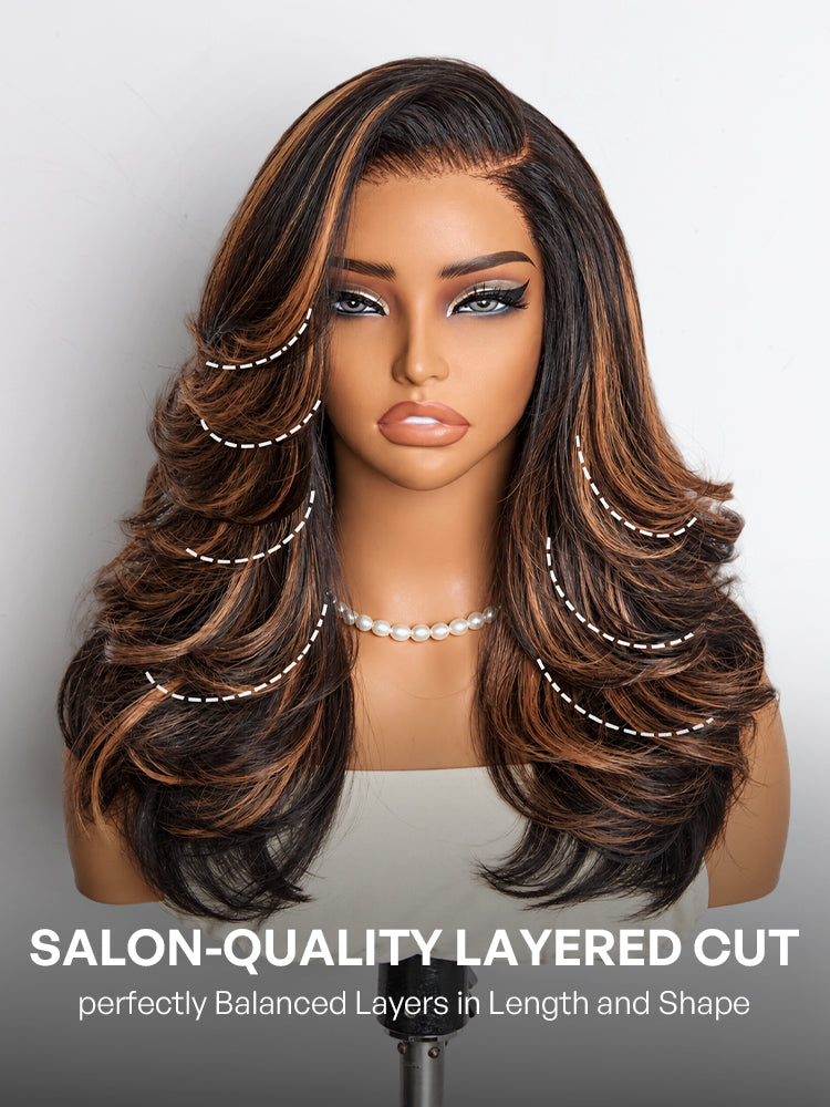 Brown Highlight Layered Wavy Butterfly Haircut Glueless Minimalist HD Lace Wig Pre-Cut Lace-16