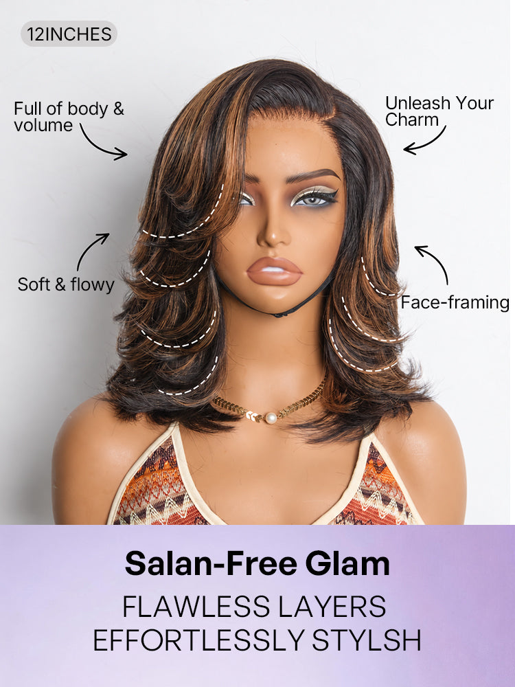 Brown Highlight Layered Wavy Butterfly Haircut Glueless Minimalist HD Lace Wig Pre-Cut Lace-19