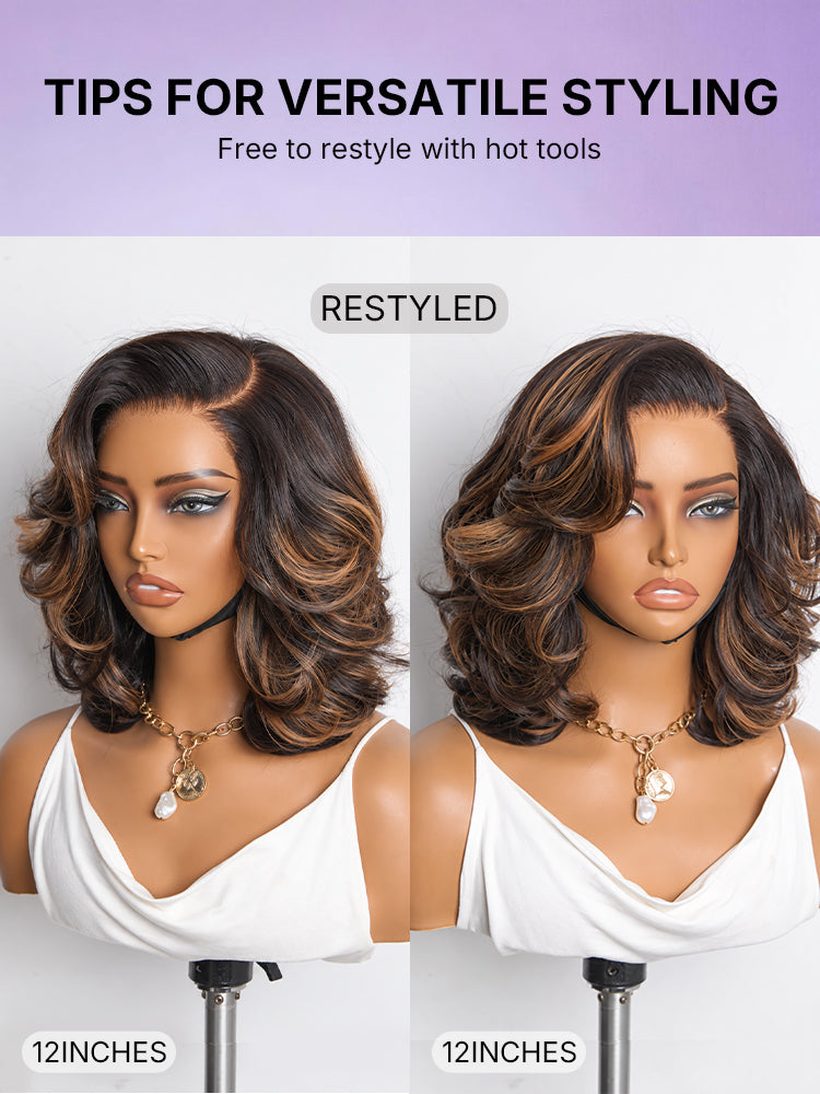 Brown Highlight Layered Wavy Butterfly Haircut Glueless Minimalist HD Lace Wig Pre-Cut Lace-18