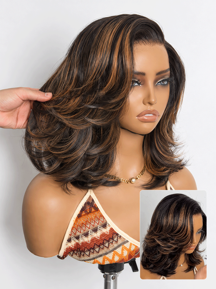Brown Highlight Layered Wavy Butterfly Haircut Glueless Minimalist HD Lace Wig Pre-Cut Lace-13