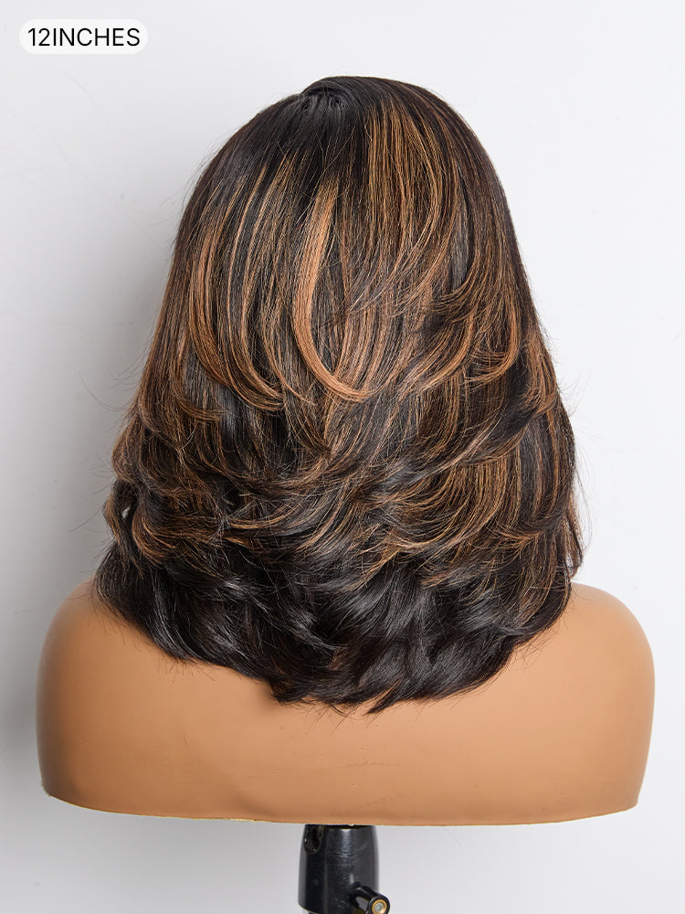 Brown Highlight Layered Wavy Butterfly Haircut Glueless Minimalist HD Lace Wig Pre-Cut Lace-17