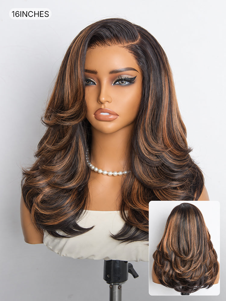 Brown Highlight Layered Wavy Butterfly Haircut Glueless Minimalist HD Lace Wig Pre-Cut Lace-15