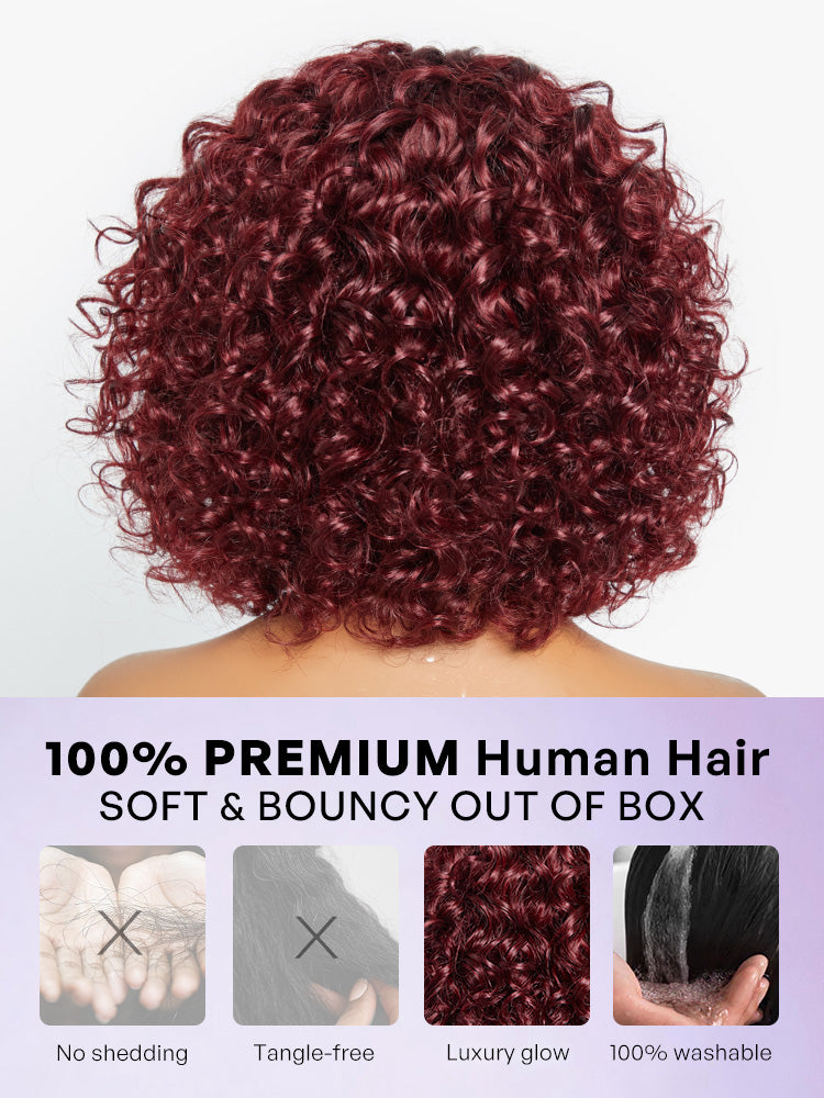 Beginner Friendly Dark Red Water Wave Glueless Minimalist Lace Curly Wig with Bangs-16
