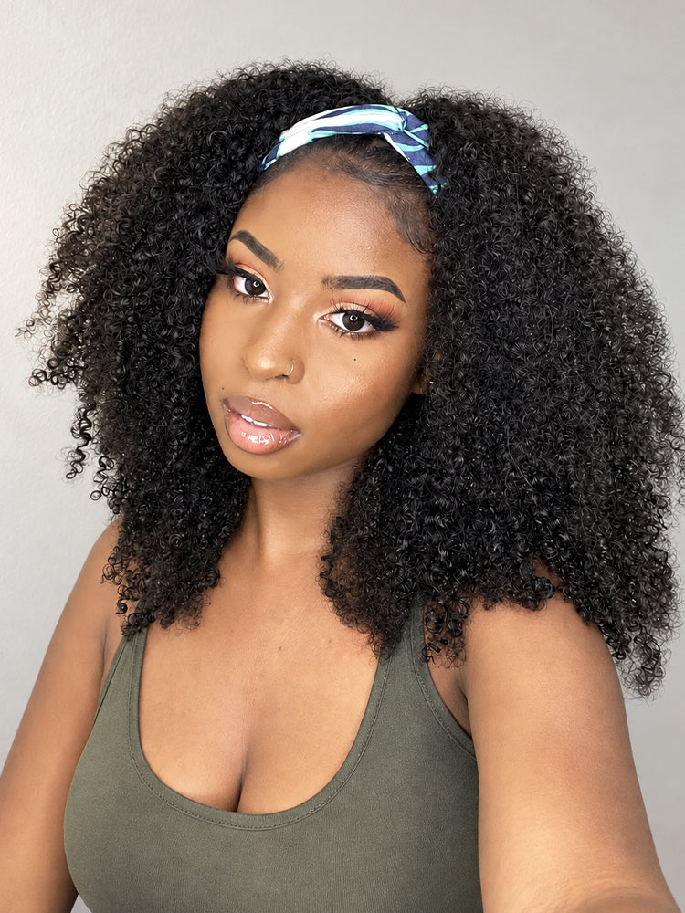 Natural Black Jerry Curly No Lace Glueless Free Part Long Headband Wig 100% Human Hair (Get Free Trendy Headbands)-17