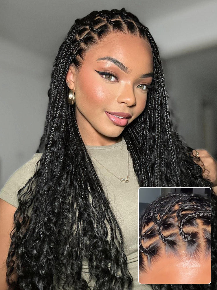 OwnScalp™  Light Weight Flexi-Fit Invisi Drawstring Cap Full Lace Knotless Boho Curls Braided Long Wig Super Natural Scalp Pre-Cut Lace-94