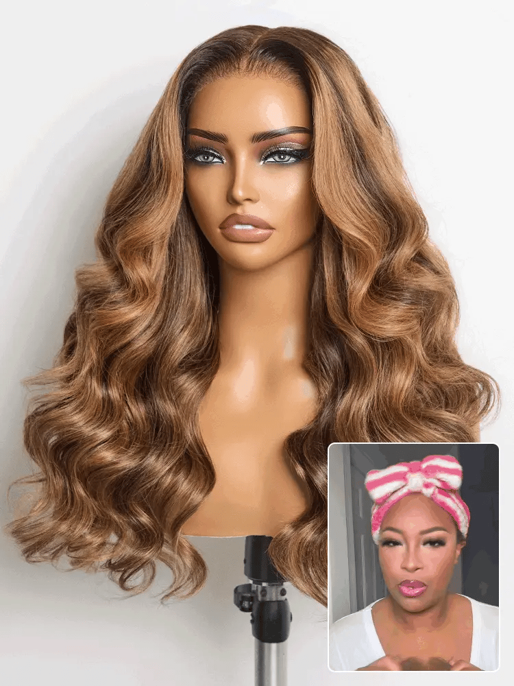 Sun-Kissed Warm Tone Brown with Blonde Highlights 180% Density Loose Wave Glueless 5x5 Closure Lace Wig Pre-Cut Lace-22