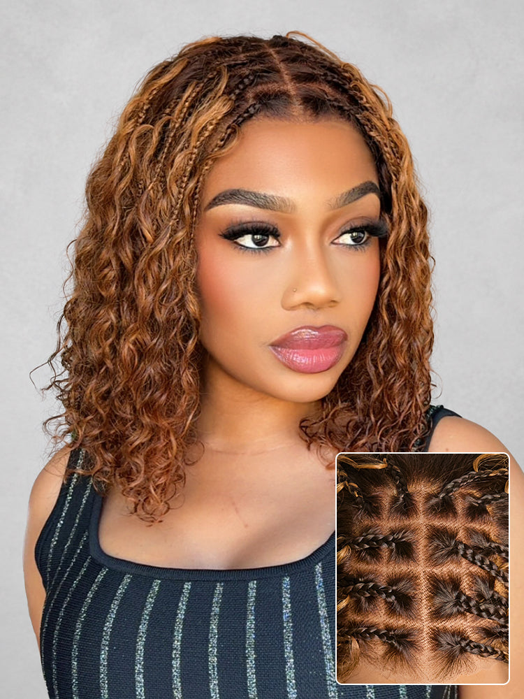 Readitress™ Ombre Brown Highlight Boho Braids Deep Curly Glueless 5x5 Closure Lace with Braided Top Human Hair Wig Pre-Cut Lace-24