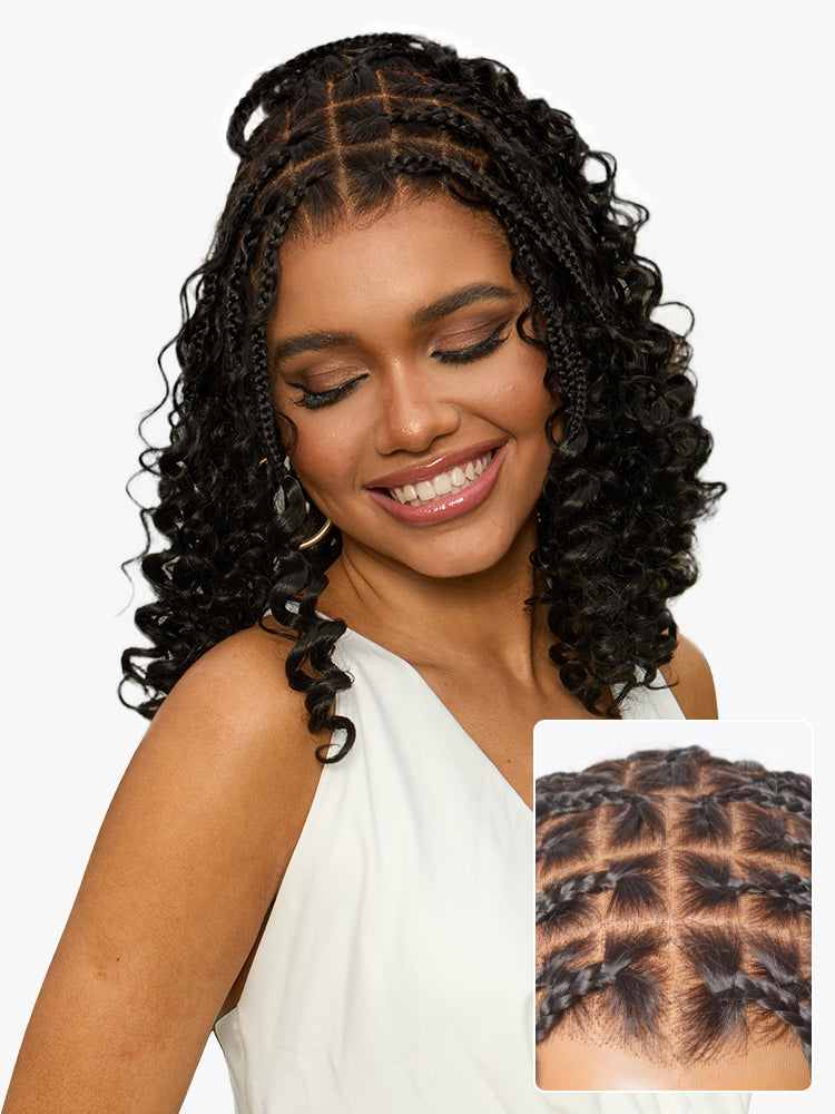 OwnScalp™ HD Full Lace Knotless Boho Curls Braided Bob Pre-Cut Lace Wig Flexi Fit Invisi Drawstring Cap-63