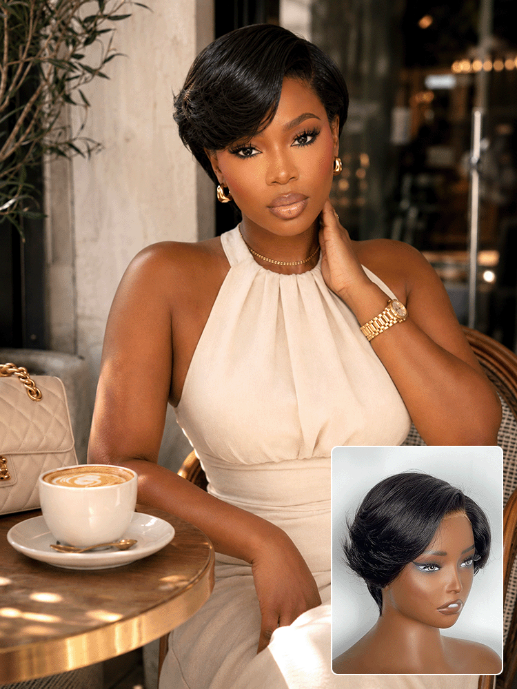Elegant Natural Black Layered Short Pixie Cut Minimalist HD Lace Wig Pre-cut Lace-22