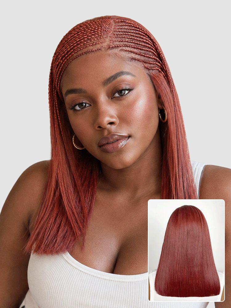 Trendy Copper Red Fulani Braids Straight 13x4 Frontal Lace Bob Wig Pre-cut Lace Drawstring Cap-10