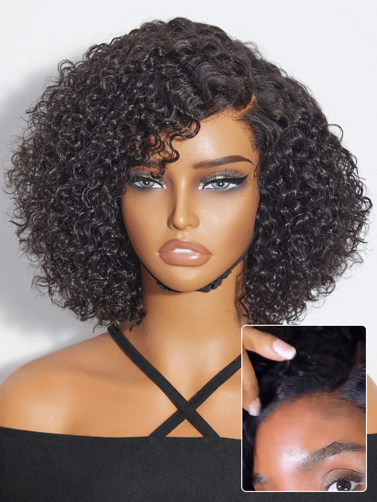 Trendy Short Cut Curly Minimalist HD Lace Glueless Side Part Wig 100% Human Hair Pre-Cut Lace-74