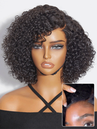 Trendy Short Cut Curly Minimalist HD Lace Glueless Side Part Wig 100% Human Hair Pre-Cut Lace-74
