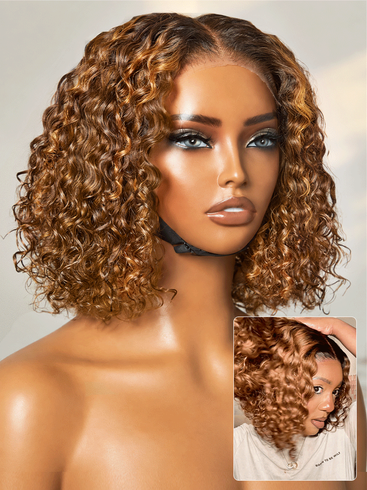 Warm Caramel Brown / Natural Black Deep Curly Glueless 5x5 Closure Pre-Cut Lace Wig-53
