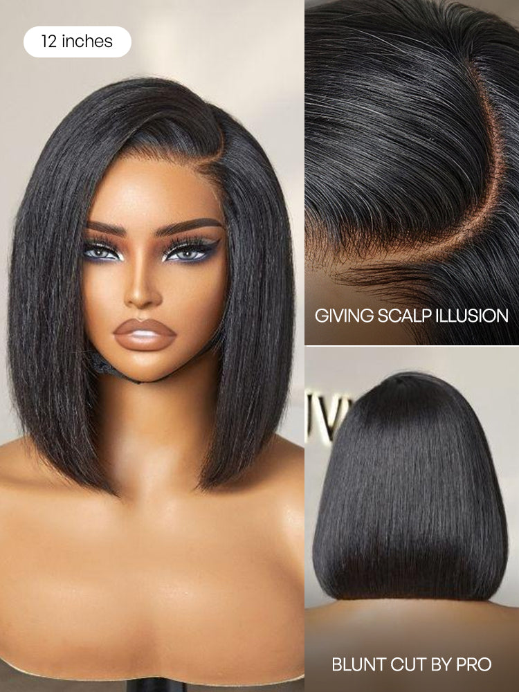 Luvme Hair All-Day Comfort™ blunt cut bob wig with glueless HD lace, short human hair style, pre-cut lace for easy wear.