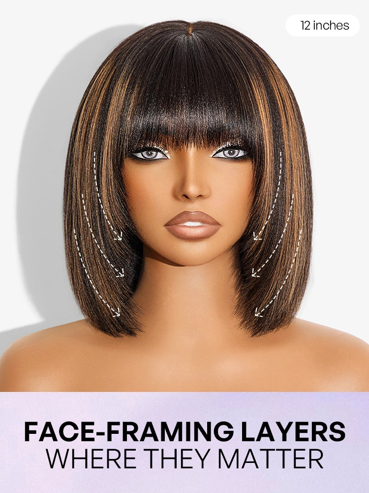 Put On and Go Ash Blonde Highlight / Brown Highlight / Natural Black Layered Cut Yaki Straight Minimalist Lace Bob Wig-25