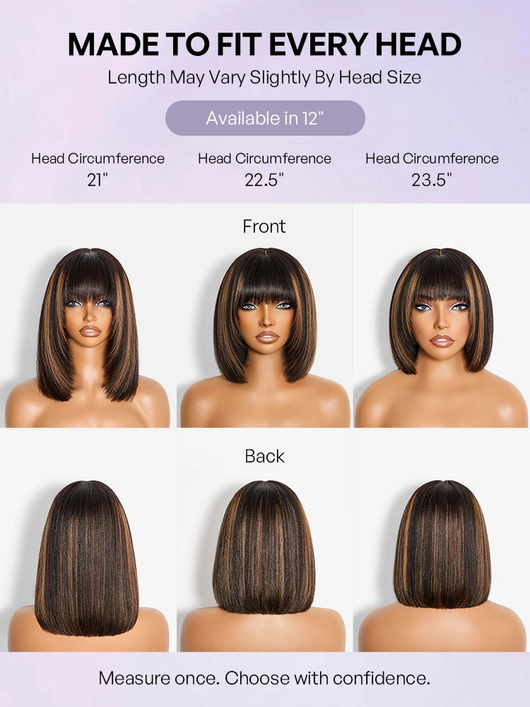 Put On and Go Ash Blonde Highlight / Brown Highlight / Natural Black Layered Cut Yaki Straight Minimalist Lace Bob Wig-32