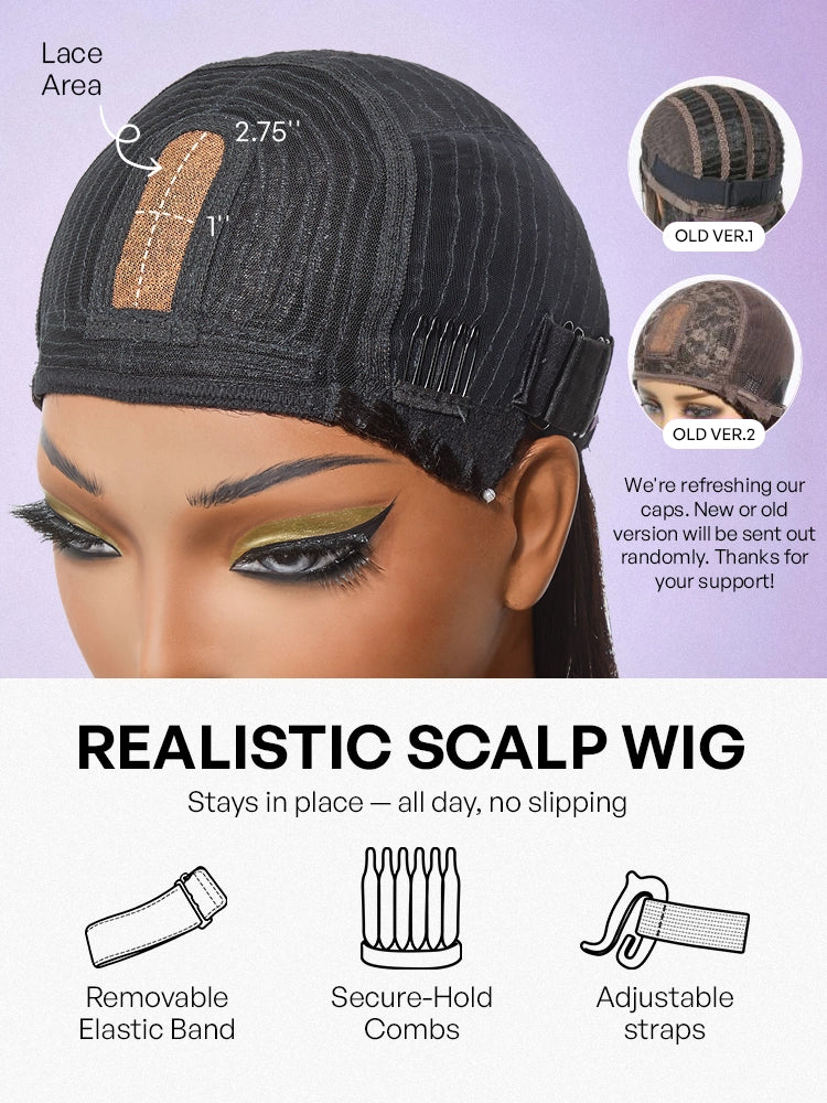 Put On and Go Ash Blonde Highlight / Brown Highlight / Natural Black Layered Cut Yaki Straight Minimalist Lace Bob Wig-30