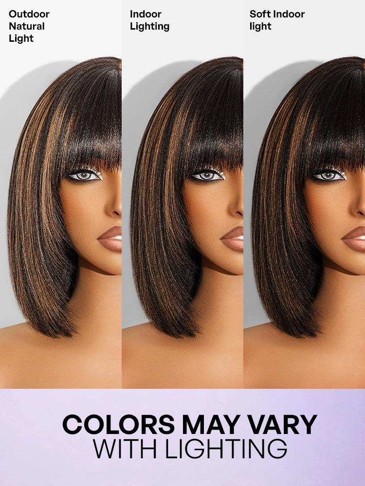 Put On and Go Ash Blonde Highlight / Brown Highlight / Natural Black Layered Cut Yaki Straight Minimalist Lace Bob Wig-31