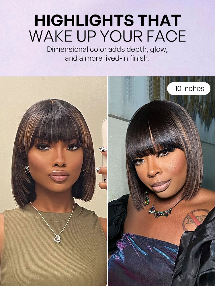Put On and Go Ash Blonde Highlight / Brown Highlight / Natural Black Layered Cut Yaki Straight Minimalist Lace Bob Wig-29