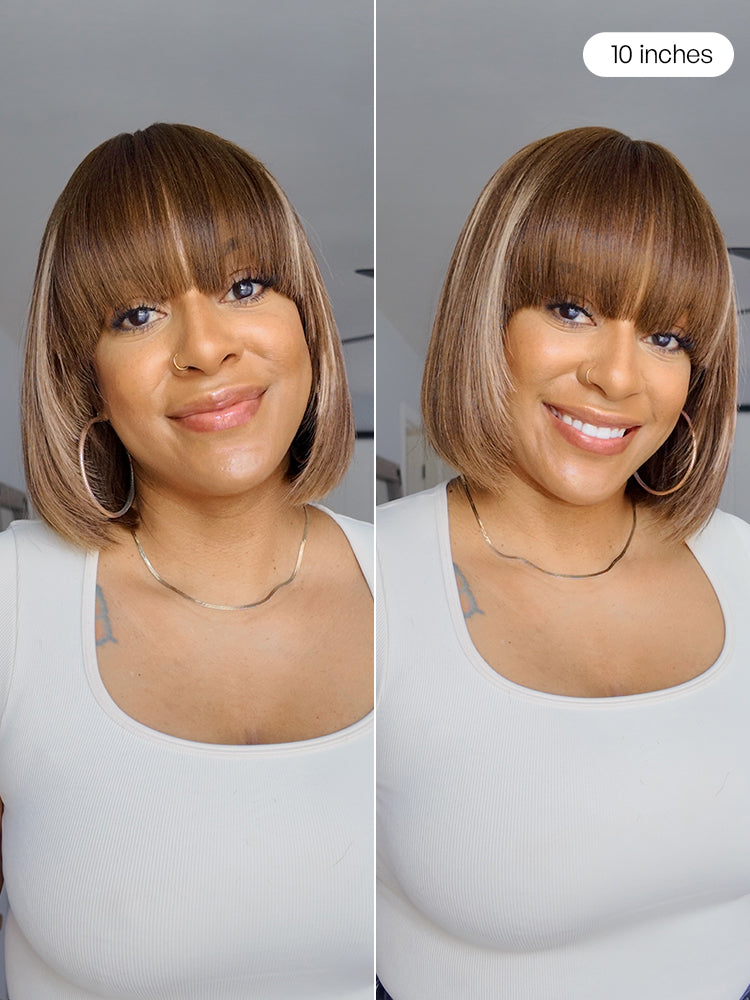 Put On and Go Ash Blonde Highlight / Brown Highlight / Natural Black Layered Cut Yaki Straight Minimalist Lace Bob Wig-33