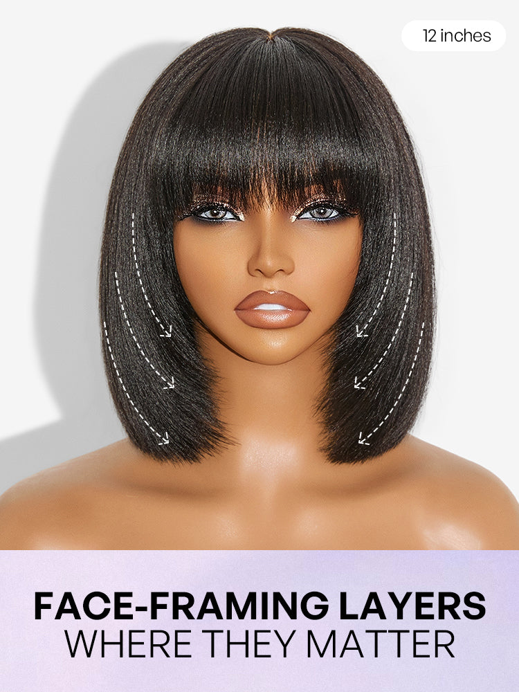 Put On and Go Ash Blonde Highlight / Brown Highlight / Natural Black Layered Cut Yaki Straight Minimalist Lace Bob Wig-38