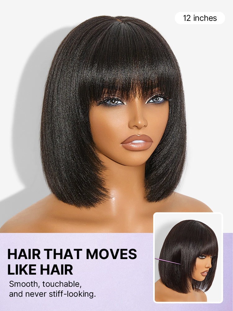 Put On and Go Ash Blonde Highlight / Brown Highlight / Natural Black Layered Cut Yaki Straight Minimalist Lace Bob Wig-39