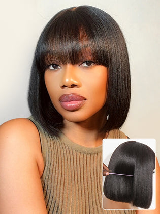 Put On and Go Realistic Glueless Yaki Straight Bob with Bangs Minimalist Lace Wig 100% Human Hair-80