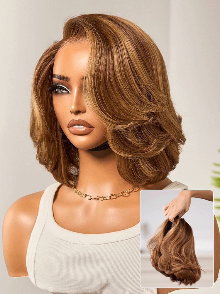 Toffee Brown Mix Blonde / Brown Highlight Layered Cut Glueless 5x5 Closure Lace Bob Wig Pre-cut Lace All-Day Comfort Cap-47