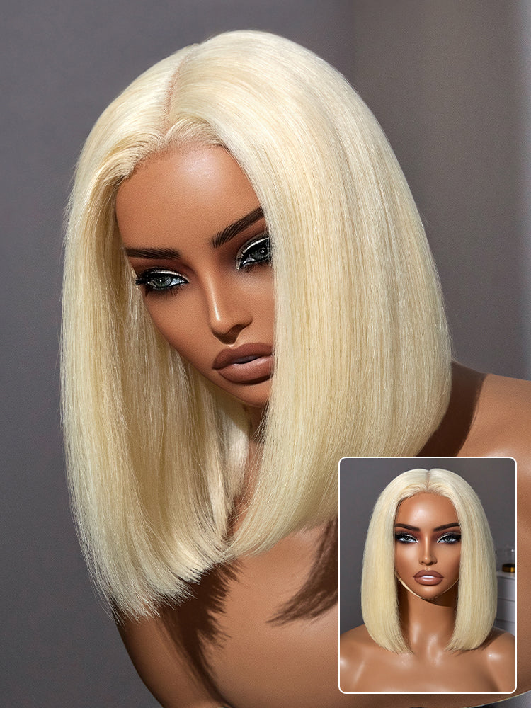 Easily Redyed 613 Blonde Blunt Cut Bob Wig Glueless Deep Middle Part 2x6 HD Lace Wig Pre-Cut Lace-10