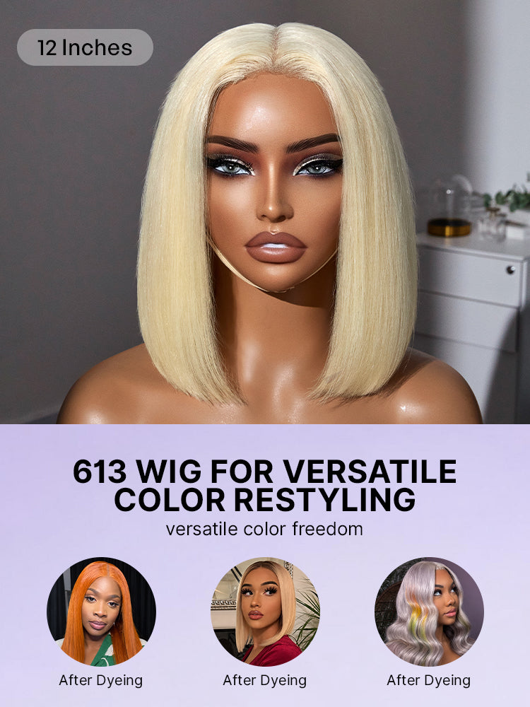 Easily Redyed 613 Blonde Blunt Cut Bob Wig Glueless Deep Middle Part 2x6 HD Lace Wig Pre-Cut Lace-14