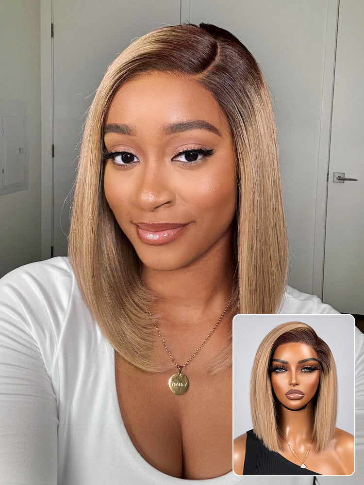 Ash Blonde Ombre Blunt Cut Bob Glueless Minimalist HD Lace Short Bob Wig Ready to Go Pre-Cut Lace-23