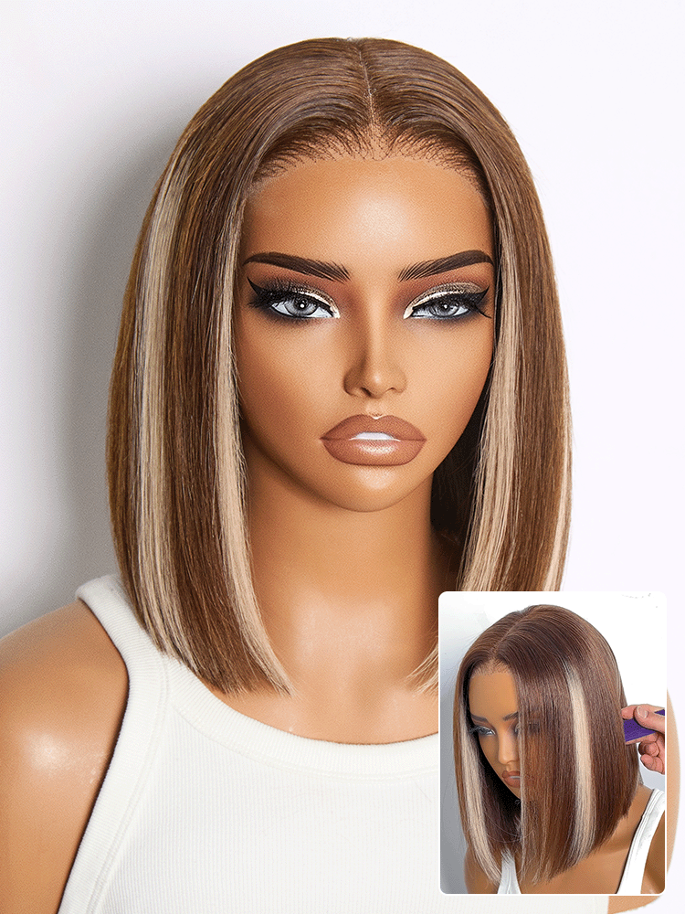 Ash Blonde Highlight Glueless 5x5 HD Closure Lace Bob Wig Pre-Cut Lace Flexi-Fit Drawstring Cap-20