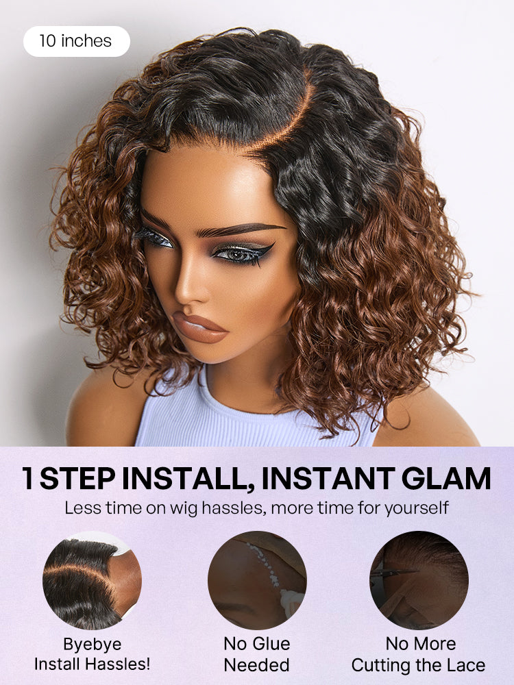 Ready to Go Ombre Brown Water Wave Short Curly Bob Wig Glueless Minimalist HD Lace Wig Pre-Cut Lace-30