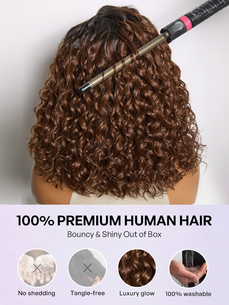 Ready to Go Ombre Brown Water Wave Short Curly Bob Wig Glueless Minimalist HD Lace Wig Pre-Cut Lace-31