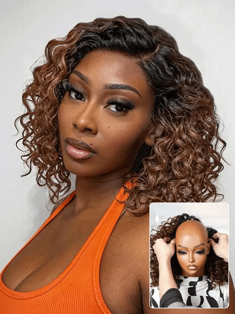 Ready to Go Ombre Brown Water Wave Short Curly Bob Wig Glueless Minimalist HD Lace Wig Pre-Cut Lace-24