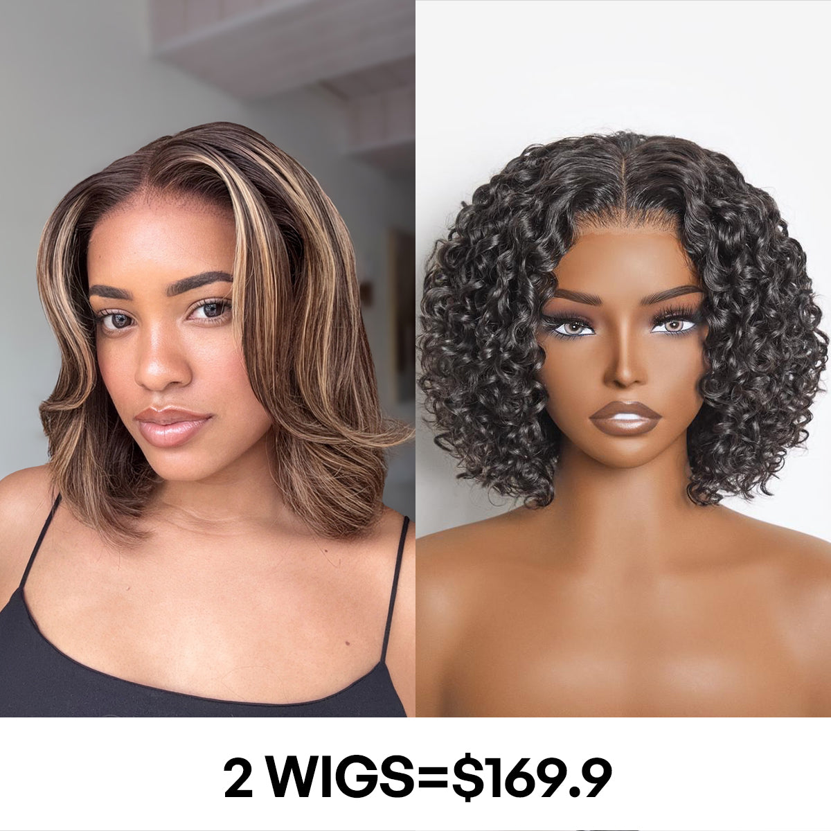 2 For $169.9 | 10 Inches Brown Highlight Short Layered Bob Wig+ 12 Inches Natural Black Deep Curly  Pre-Cut Lace Wig-01
