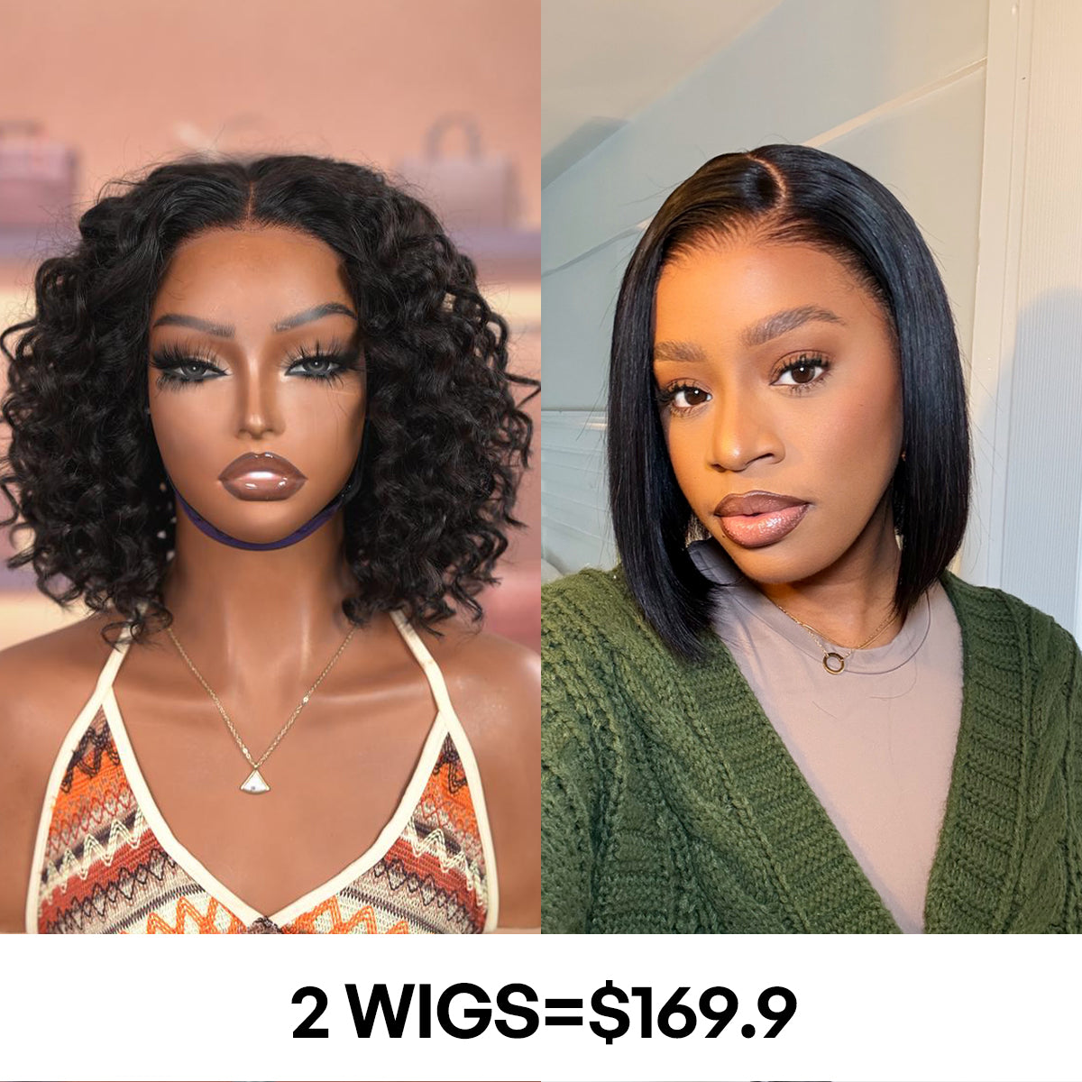 2 For $169.9 | 10 Inches Beach Wave Glueless 13x4 Lace Front Short Wig+ 12 Inches Silky Blunt Cut Bob Front Wig-01